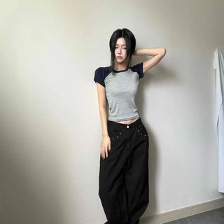 Healthy Raglan Color Block Semi-Crop Short Sleeve T-shirt