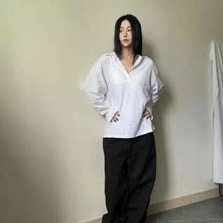 Henley Neck Oversized Slub Cotton Button Long Sleeve T-shirt