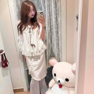 Chiffon Lace Embroidered Asymmetrical Elastic Midi Skirt