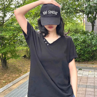 Tours Cotton Washed V-Neck Button Loose Fit Short Sleeve T-Shirt
