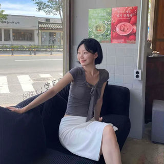 Square Neck Shirred Cap Sleeve Slim Fit Crop Short Sleeve Tee