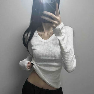 Naive V-neck Slim Ribbed Long Sleeve T-shirt