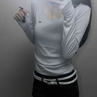 U-Neck Slim Fit Hand Warmer Side Shirring Rolled Hem Pendant Rayon Long Sleeve T-shirt