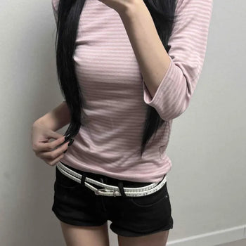 Modal Striped Round Neck Slim Fit 3/4 Sleeve T-shirt
