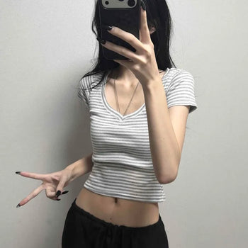 Aaron Deep V-Neck Striped Slim Crop Short Sleeve T-Shirt