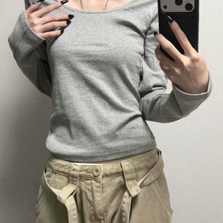Kaya Deep U-Neck Basic Slim Long Sleeve T-Shirt