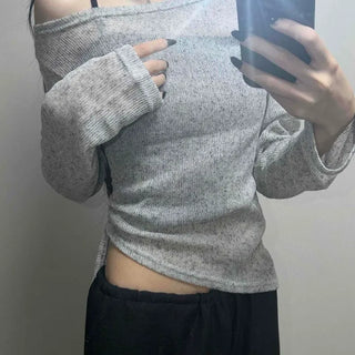 Shirred Off-Shoulder See-through Slim Fit Crop Knit Long Sleeve T-shirt