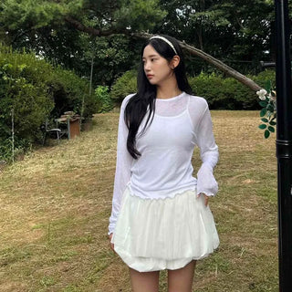 Tencel See-through Wave-Cut Slit Round Neck Long Sleeve T-shirt