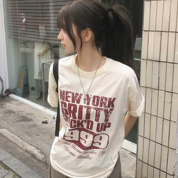 Hip Mood, Number Lettering Print Round Neck Loose Boxy Oversized Short Sleeve T-shirt