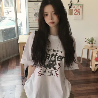 Hip-Covering Oversized, Cat Lettering Print Round Neck Loose Boxy Oversized Short Sleeve T-shirt