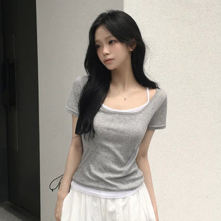 Effortless Chic, Ribbed U-Neck Sleeveless Set Layered See-through Slim Skinny Fit Short Sleeve T-shirt