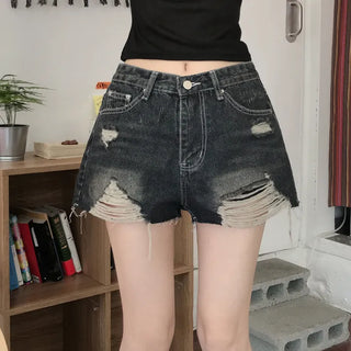 You'll fall in love with the fit the moment you put them on, Vintage Washed Damaged Cut Mid-Waist Denim Shorts