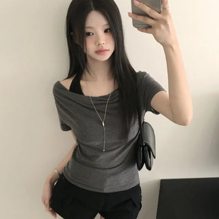 Fit Guaranteed, Halter Neck Sleeveless One-piece Layered Lip Neck Off-shoulder Drape Slim Delicate Fit Short Sleeve T-shirt