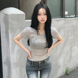 Figure-flattering See-through U-Neck Lettering Slim Delicate Fit Short Sleeve T-shirt