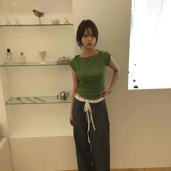 Striped Color Block Low-Rise Wide Slacks