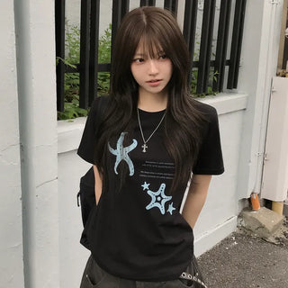 Slimming Starfish Print Round Neck Loose Fit Short Sleeve T-shirt