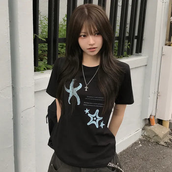 Slimming Starfish Print Round Neck Loose Fit Short Sleeve T-shirt
