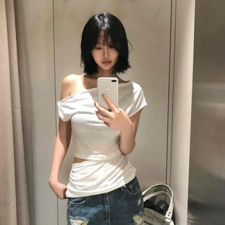 Modal Boat Neck Cap Sleeve Shirred Crop Short Sleeve Tee
