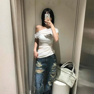 Loose Fit Mid-Rise Vintage Wash Distressed Patchwork Cut-out Jeans