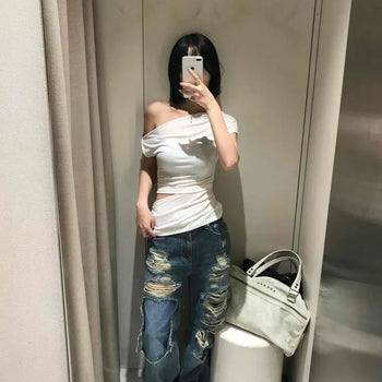 Loose Fit Mid-Rise Vintage Wash Distressed Patchwork Cut-out Jeans