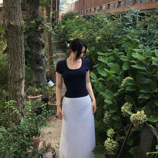 Dot Chiffon Flare Back Elastic Delicate Fit See-through Long Skirt with Plining