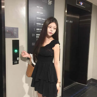 Chiffon V-Neck Cap Sleeve Shirred Tiered Flare Mini Dress