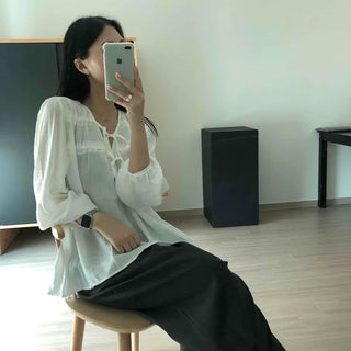 V-Neck Ribbon Shirred See-through Cotton Blend Loose Fit Blouse