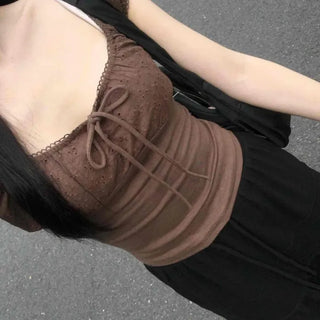 Square Neck Cap Sleeve Punched Lace Embroidered Flower Crop Blouse
