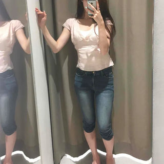 Low-Rise Shirred Wash Medium Blue Capri Denim Shorts