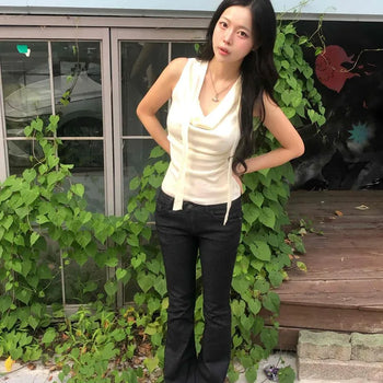 Low-Rise Snap Black Denim Stretch Bootcut Jeans