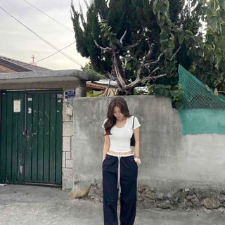 Nylon Crinkly Low-Rise Side Pintuck Wide Long Pants