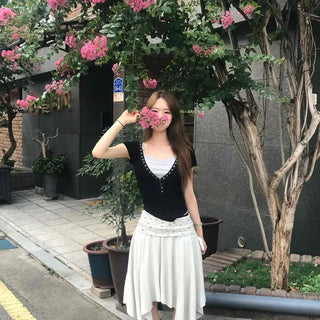 Floral Jacquard Knit Layered Frill Asymmetrical Elastic Waist Midi Skirt
