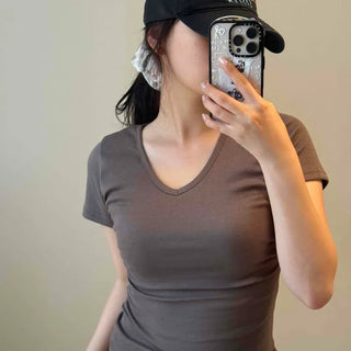 V-neck Side Waist Shirring Slim Fit Cotton Short Sleeve T-shirt