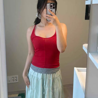 Contrast Stitch Spandex Semi-Crop Slim Fit Sleeveless