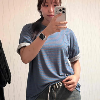Modal Stretchy Flowy Integrated Roll-up Striped Oversized Round Neck Short Sleeve T-shirt