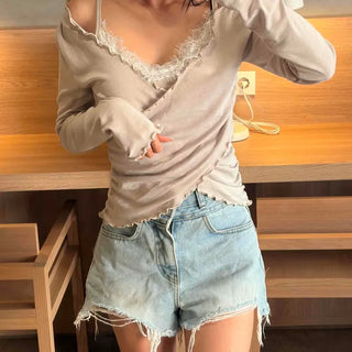 V-Neck Shirred Layered Long Sleeve T-Shirt