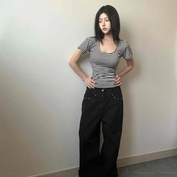 Slim Fit Round Neck Striped Stretchy Short Sleeve T-shirt