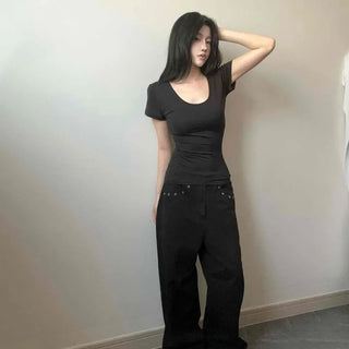 U-Neck Modal Cotton Stretchy Cinched Waist Slim Fit Basic Short Sleeve T-shirt