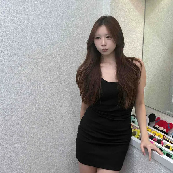 Ribbed U-Neck Strap Built-in Cup H-Line Slim Fit Mini Dress