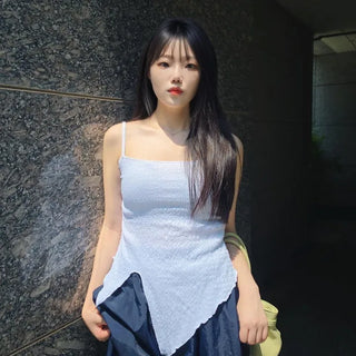 Square Neck Shirred Diagonal Slit Asymmetrical Cotton Slim Fit Strap Sleeveless Top