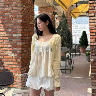 Cotton Stripe Shirred Flare Button Delicate Fit Sleeveless Blouse