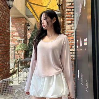 Tencel Rolled U-Neck Loose Fit Long Sleeve T-Shirt