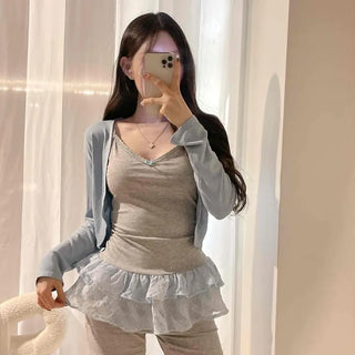 Lace Ribbon Frill Cotton Slim Fit Strap Sleeveless Top