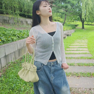 See-through Ribbed Mother-of-Pearl Button V-Neck Delicate Fit Crop Cardigan