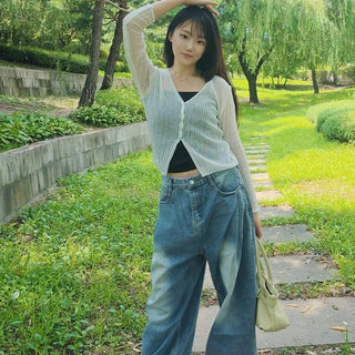 High-Waisted Diagonal Pintuck Washed Wide Jeans