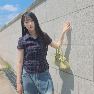 Check Shirred Side Drawstring Short Sleeve Linen Shirt