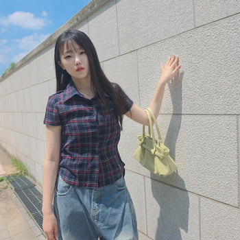 Check Shirred Side Drawstring Short Sleeve Linen Shirt