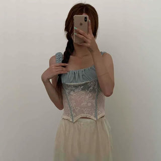 Corset Bustier Square Neck Lace Flower Shirring Contrast Slim Fit Semi-Crop Sleeveless