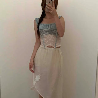 Chiffon See-through Lace Embroidered Asymmetrical High-Waisted Elastic Midi Skirt