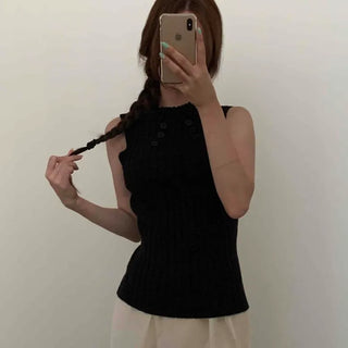 Mock Neck Semi-Halter Neck Straight Shoulder Button Slim Fit Knit Sleeveless